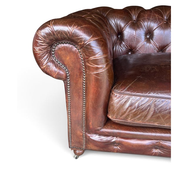 Restoration Hardware Chesterfield Cognac Leather Sofa With Brass Nailhead & Casters For Sale - Image 17 of 18