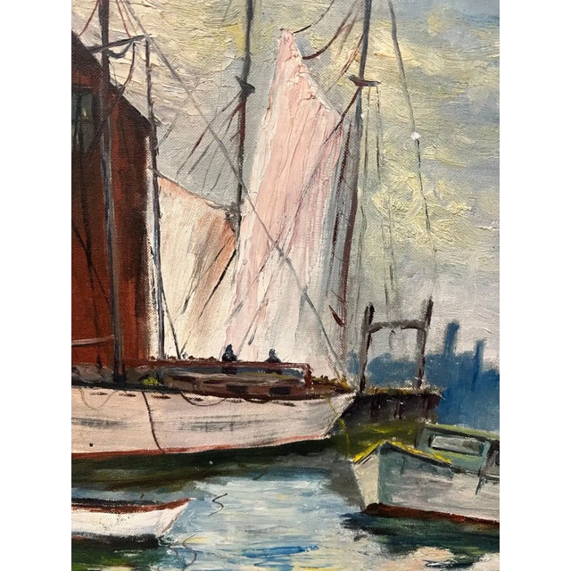 Wood Mid Century Painting of Sailboats in Harbor For Sale - Image 7 of 13
