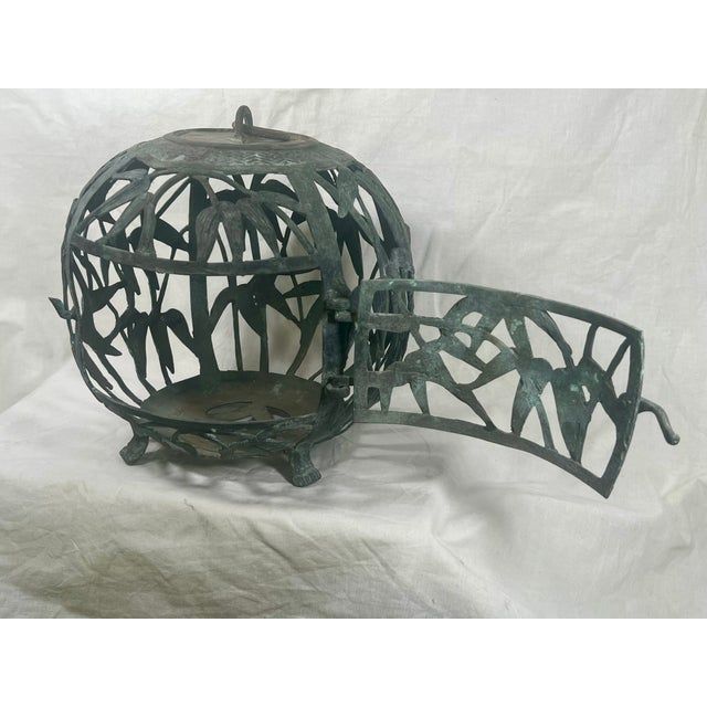 Antique Japanese Export Bronze Hanging Lantern Sphere with Bamboo Pattern Marked JAPAN on bottom Hinged Door Indoor or...