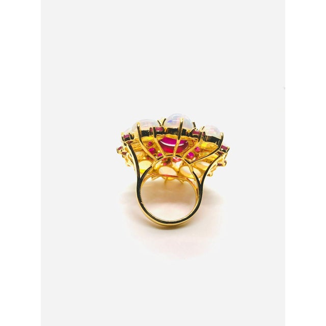 Pink Bochic “Capri” Vintage Natural Ruby & White Opal Retro Ring Set In 18K Gold & Silver For Sale - Image 8 of 10