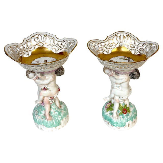 Ceramic Pair KPM Berlin Rococo Revival Porcelain Figural Tazza, Reticulated Gilt Bowls For Sale - Image 7 of 18