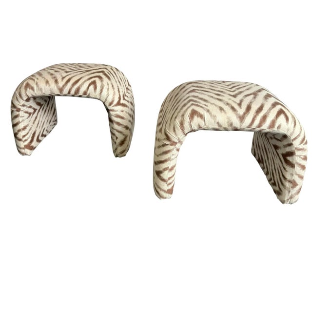 Vintage late 20th century waterfall ottomans that have been reupholstered in a zebra style light brown and off-white...