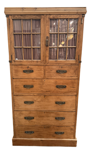 Vintage Pine Cabinet With Paned Glass Doors