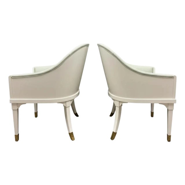 Hickory Chair “Warren” Neoclassical Gondola Dining or Accent Chairs- Pair in Bm White Dove With Kravet Leaf Green Stipe For Sale