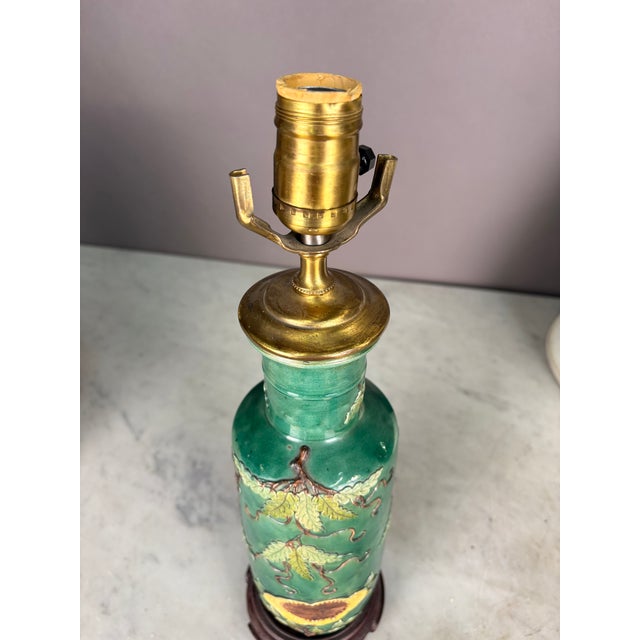 19th Century Chinese Floral Relief Pottery Table Lamp For Sale - Image 9 of 9
