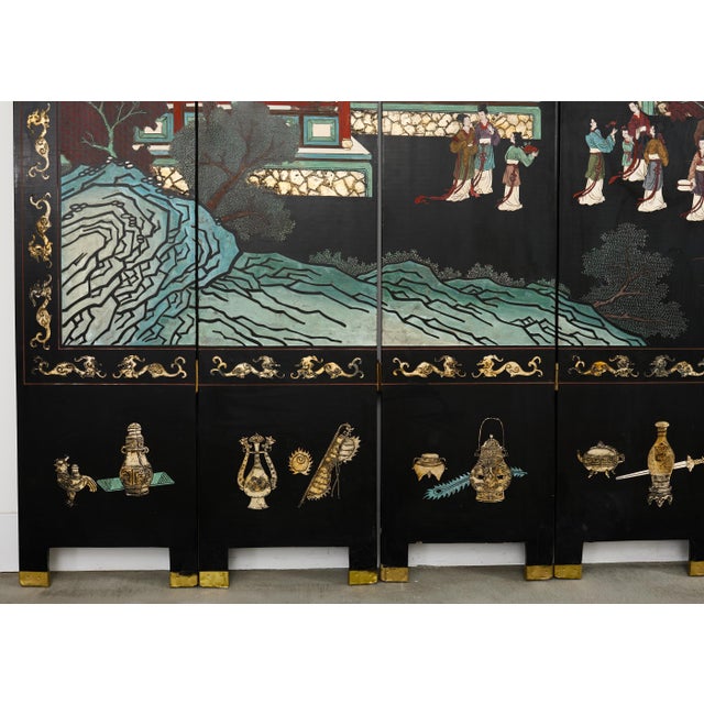 Mid 20th Century Chinese Export Six Panel Lacquered Coromandel Screen Courtyard For Sale - Image 5 of 18