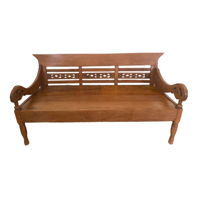 Vintage Hand-Carved Indonesian Solid Teak Daybed / Lounge Bench – Imported From Bali For Sale