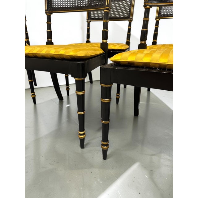 Hollywood Regency Late 20th Century Set of Six Baker Furniture Regency Ebonized and Parcel Gilt Cane Dining Chairs For Sale - Image 3 of 14