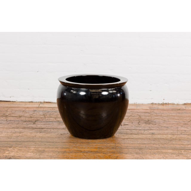 Ceramic Black Glaze Circular Ceramic Planter with Tapering Lines, Vintage For Sale - Image 7 of 12