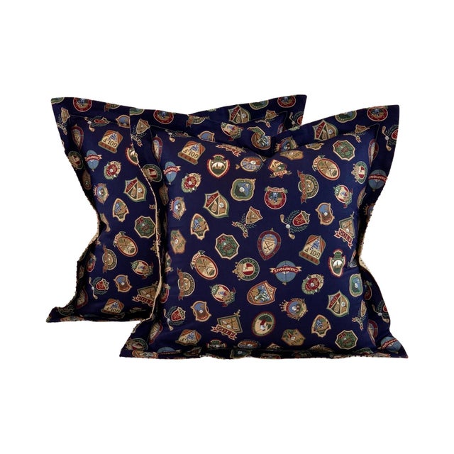 Designer Vicki Payne Free Spirit Printworks Blue Burgundy Green Tan Country Club Golf Crest Emblem Medallion Pillow Covers- Pair For Sale In Jacksonville, FL - Image 6 of 7