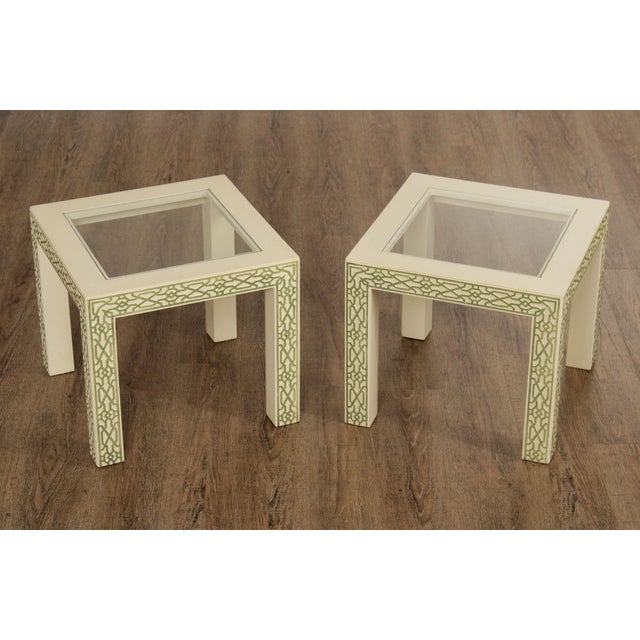 Hollywood Regency Pair Of Lacquered Greek Key Glass Top End Tables For Sale - Image 4 of 18
