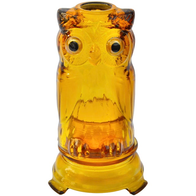 Midcentury handblown amber heavy-glass owl figurine candleholder. Featuring an elegant sleek and textured sculptural...