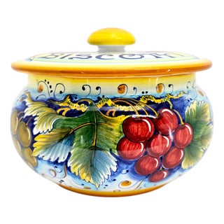 Late 20th Century Gialletti Giulio Deruta Hand-Painted Maiolica Biscotti Jar For Sale