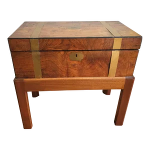 1 / 16 1911 Walnut Burl and Brass Inlays and Leather Inset Travel Desk on Stand