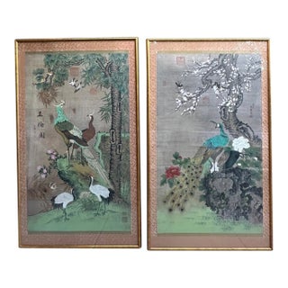 Chelsea House Pair of Monumental Hand-Painted Silk Paintings Chinoiserie For Sale