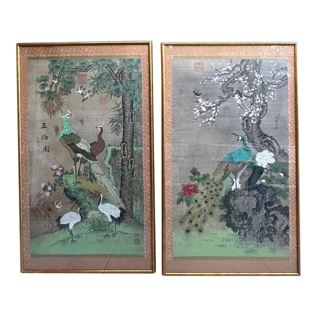 Chelsea House Pair of Monumental Hand-Painted Silk Paintings Chinoiserie For Sale