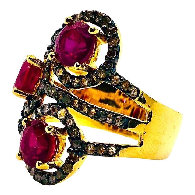 Bochic “Orient” Vintage Ruby & Diamond Cluster Ring 18K Gold & Silver For Sale
