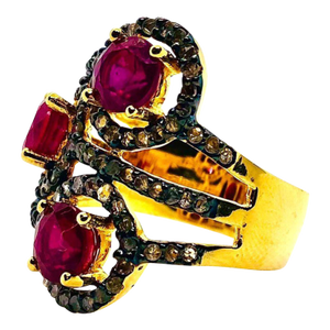 Bochic “Orient” Vintage Ruby & Diamond Cluster Ring 18K Gold & Silver