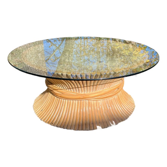 McGuire Bamboo Coffee Table Sheaf of Wheat W/42" Diameter Glass Top Mid Century Modern For Sale