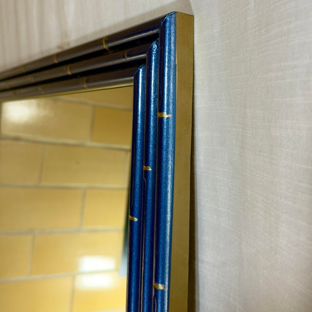 Chic Vintage Palm Beach Regency Medium Faux Bamboo Wall Mirror Newly Painted Blue With Hand Gilt Accents For Sale - Image 12 of 12