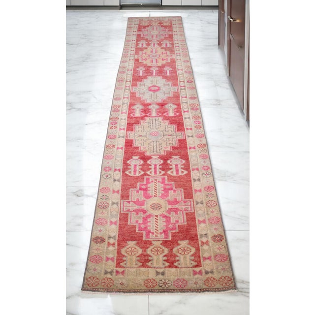 1970s Hand-Knotted Turkish Runner Rug, Low Pile Hallway Rug Kitchen Decor - 3′ × 12′3″ For Sale - Image 5 of 18