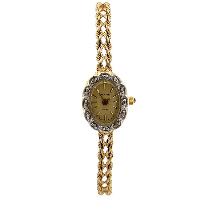 Elegant and refined, this vintage Jaguar ladies wristwatch is crafted in solid 14K yellow gold and weighs 13.7 grams. It...