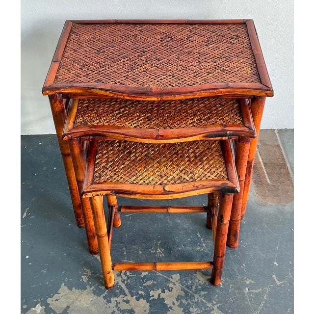 Vintage Boho Woven Rattan Nesting Tables - Set of 3 For Sale - Image 4 of 12
