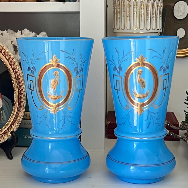 1900 - 1909 Large Pair of Antique Turquoise Blue Opaline Vases – Hand-Painted Heron Medallions, Gilt Accents For Sale - Image 5 of 9