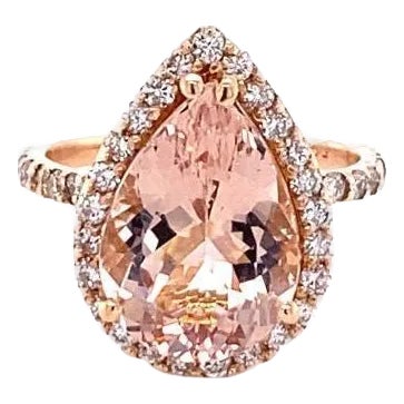5.58 Carat Pear Cut Morganite Halo Diamond Rose Gold Engagement Ring, Size 7 For Sale