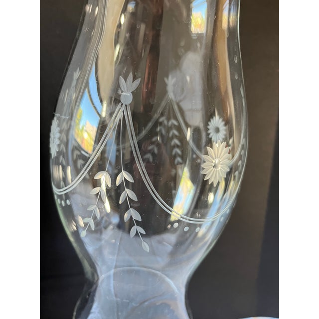 Etched Clear Glass Candle Hurricanes a Pair For Sale - Image 6 of 9