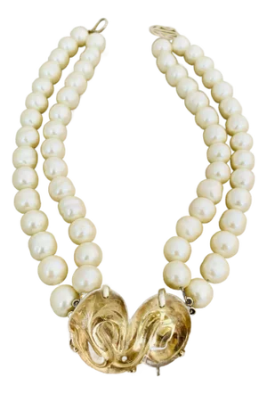 Rare Mariquita Masterson’s Double Strand Glass Pearl Necklace With Glass Centerpiece in Honey, Set in Vermeil