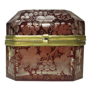 Antique Etched Bohemian Glass Box For Sale