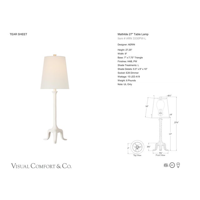 AERIN by Visual Comfort Signature Mathilde 27" Table Lamp in Plaster White with Linen Shade Designer: AERIN Height: 27.25"...