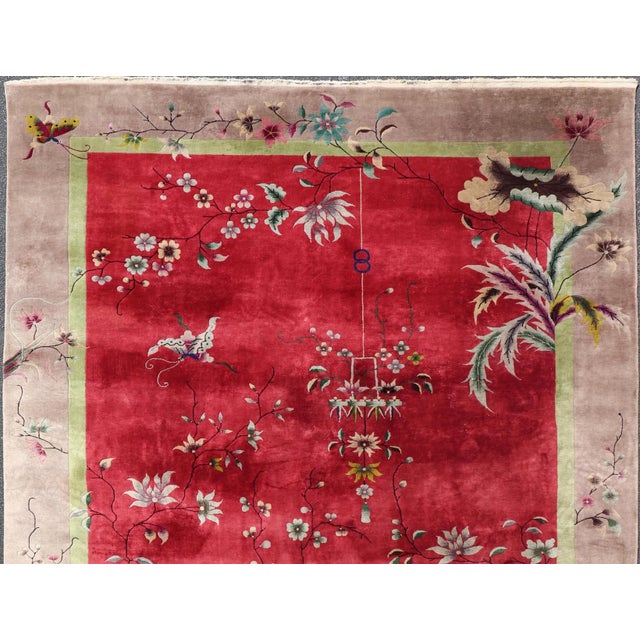 Measures: 8'11 x 11'6 Antique Art Deco Rug in Rich Red Field with Light Grey and Floral Accents. Keivan Woven Arts / rug...
