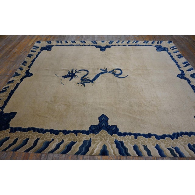 Textile 1890s Ivory Blue Tan Antique Chinese Peking Dragon Carpet 8' X 9'8" Wool Rug For Sale - Image 7 of 14