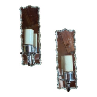 Pair of 1940s Carved Mirrored Sconces For Sale