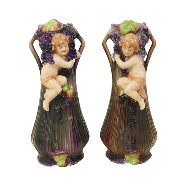 Art Nouveau Amphora Style Pottery Vases with Putti, 1890s, Set of 2 For Sale - Image 5 of 17