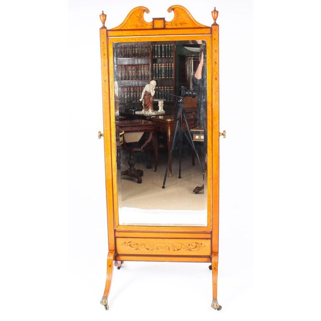 A stunning quality English satinwood and inlaid Edwardian period antique cheval dressing mirror, circa 1900 in date. The...