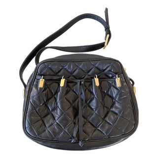 Vintage Judith Leiber Black Quilted Leather Crossbody Handbag With Gold Tone Hardware For Sale