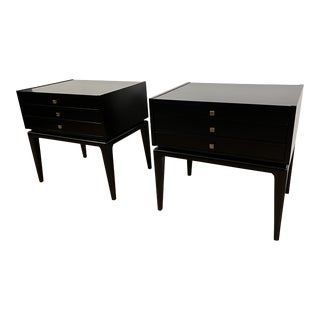 Pair of Modern Black Nightstands With Folding Tea Table Drawers For Sale