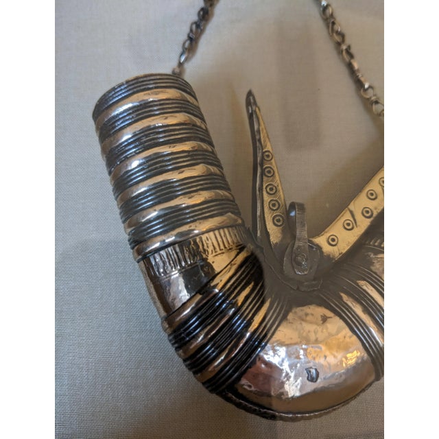 Islamic Vintage Early 20th Century Metal Powder Horn From Yemen in Shadow Box Frame For Sale - Image 3 of 13