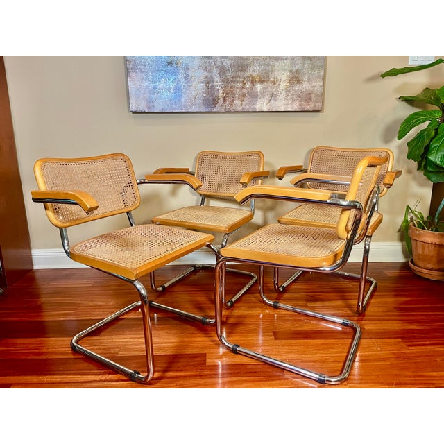 Modern 1980s Marcel Breuer Style Cantilever Cesca Styled Arm Chairs - Set of 4 For Sale - Image 3 of 12