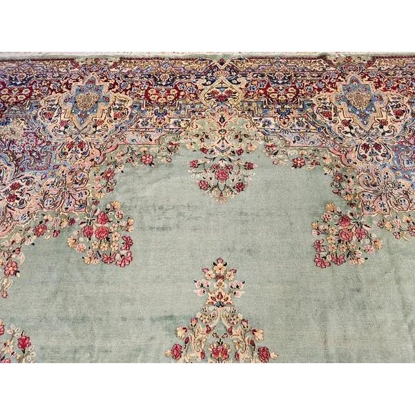Mid 20th Century Vintage Oversize Persian Kerman in Floral Pattern in Pale Green, Red, Blue, Pink For Sale - Image 5 of 12
