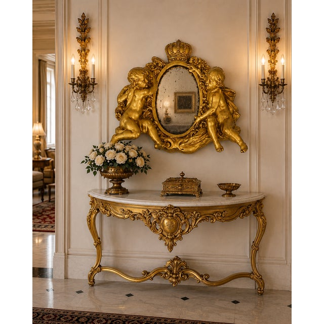 Bring timeless European elegance to your home with this beautifully restored vintage cherub wall mirror from the 1960s....