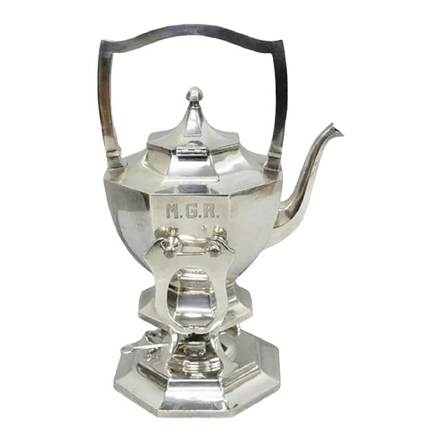 Antique Wilcox Art Deco Silver Plated Tilting Coffee Teapot on Stand "m.g.r." For Sale
