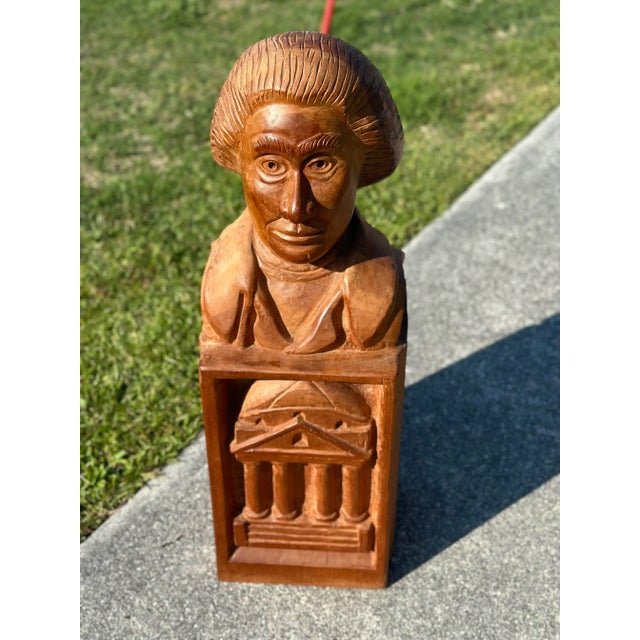 Life-Size Vintage Folk-Art Carved Wood Figurative Bust of Thomas Jefferson at University of Virginia Rotunda Sculpture For Sale - Image 11 of 13