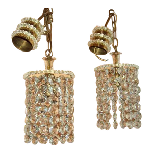 1960's Mid Century Modern Cut Crystal 24k Gold Plate Ceiling Pendant Light Fixtures by Palwa a - Pair