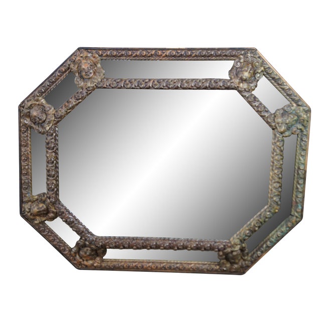 Baroque Antique French Louis XIII Style Figural Repousse Brass Octagonal Wall Mirror For Sale - Image 3 of 10