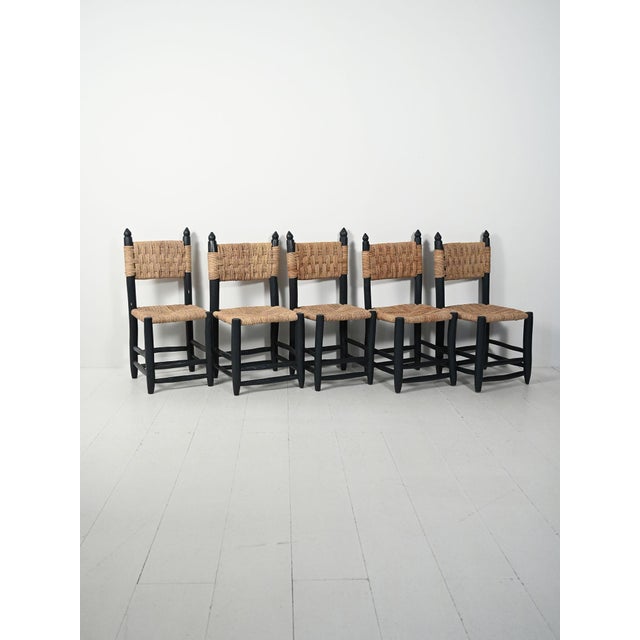 Set of 5 Moroccan chairs in dark blue painted wood with a natural rattan seat and backrest. Set of five Moroccan chairs...