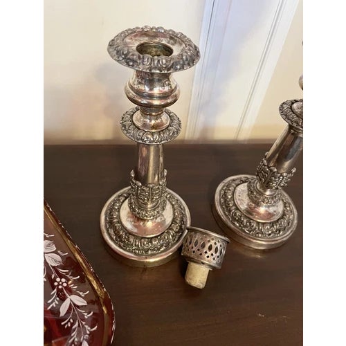 Pair of Antique Silver Plate Candle Holders With Red Glass Mary Gregory Hurricanes For Sale - Image 11 of 12